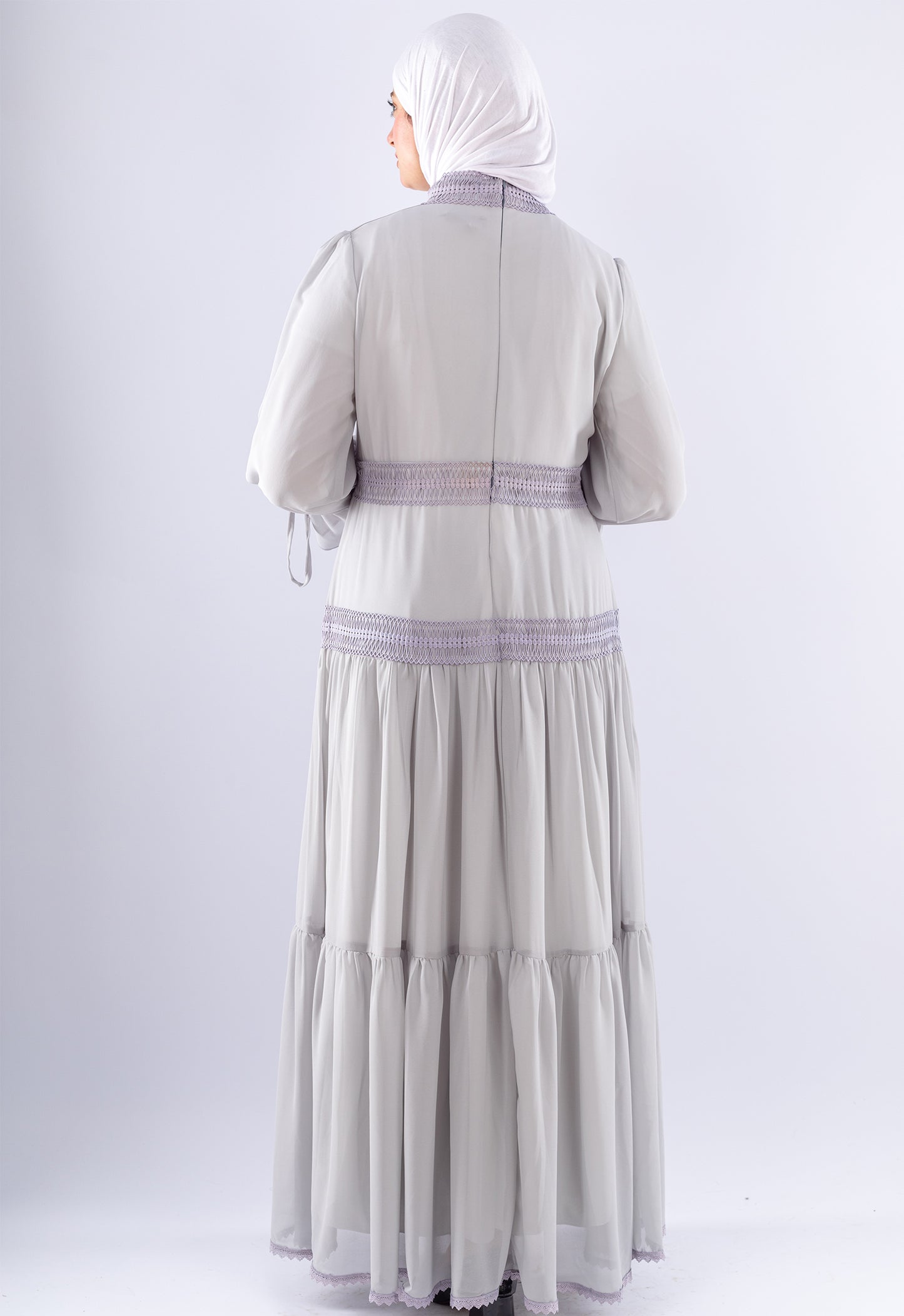 Jamila Gray Chiffon Maxi Dress with Lace Sleeves