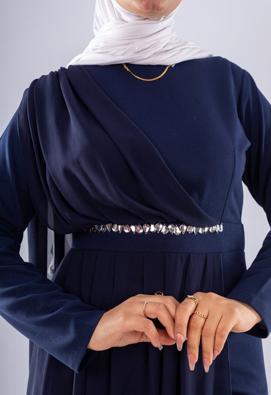 Elegant Navy Blue Modest Jumpsuit with Chiffon Overlay