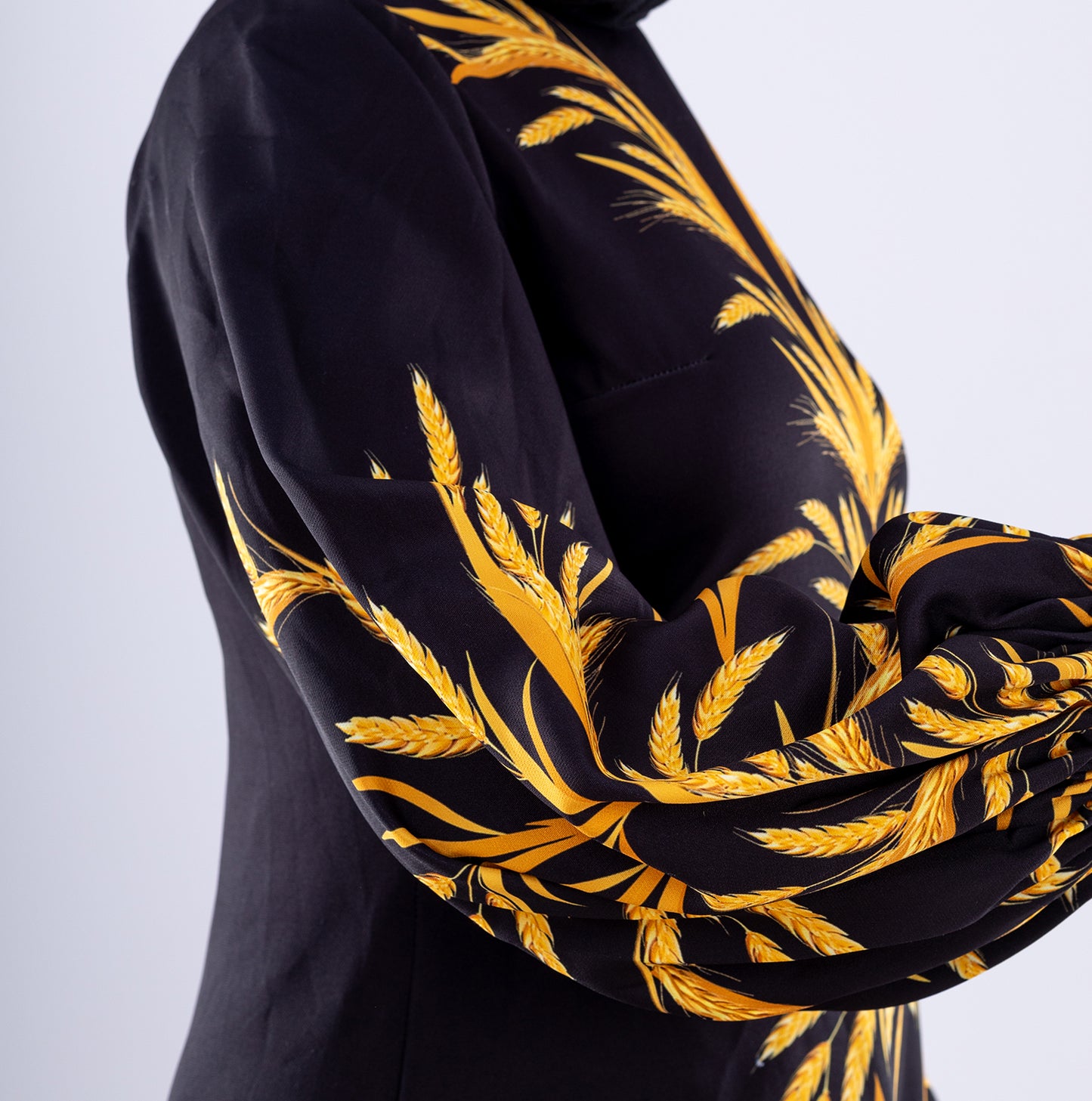 Amira Elegant Black Crepe Modesty Dress with Gold Leaf Detail