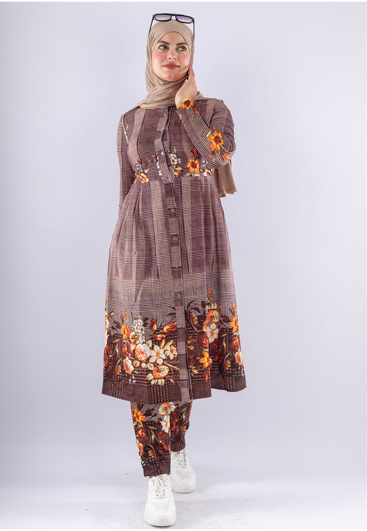 Elegant Brown Floral Print Tunic & Pants Set | Modest Outfit