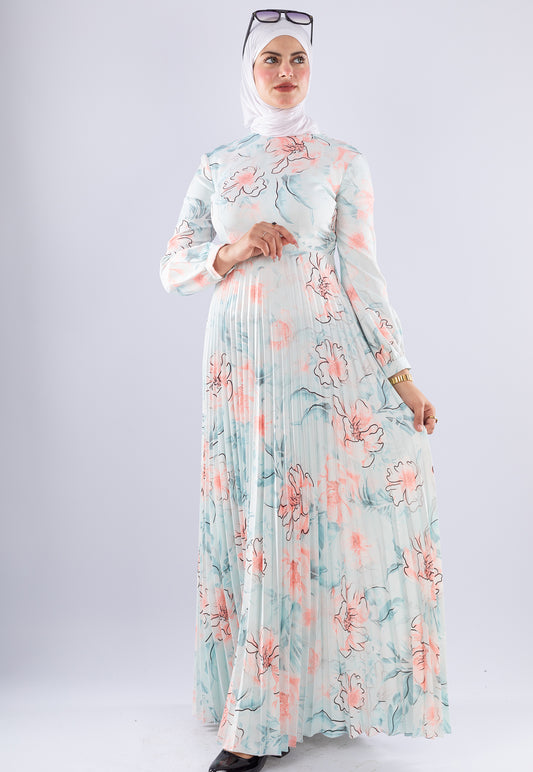 Sereen Elegant White Floral Pleated Modesty Dress