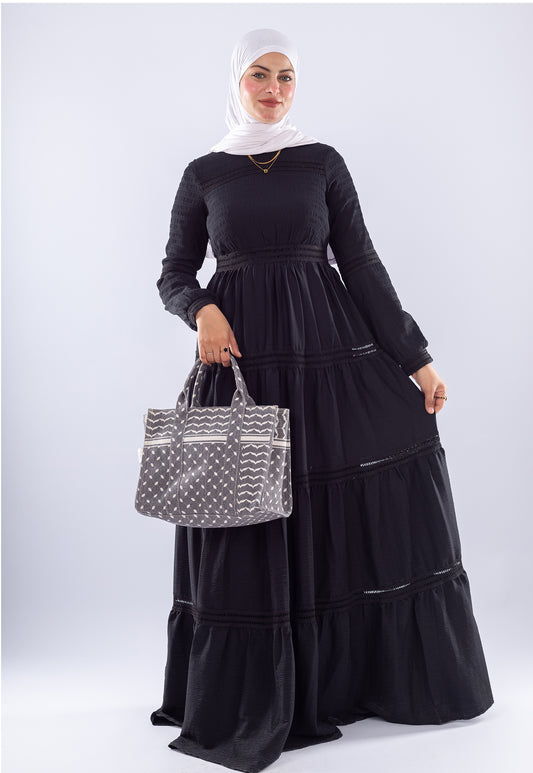 Rawan Black Tiered Maxi Dress | Modest Long Sleeve