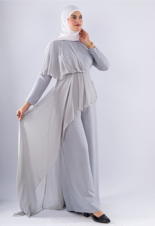 Elegant Wide-Leg Jumpsuit with Chiffon Skirt Overlay