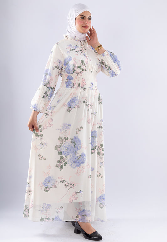 Aisha White Floral Print Maxi Dress with High Neck | Modest Fashion
