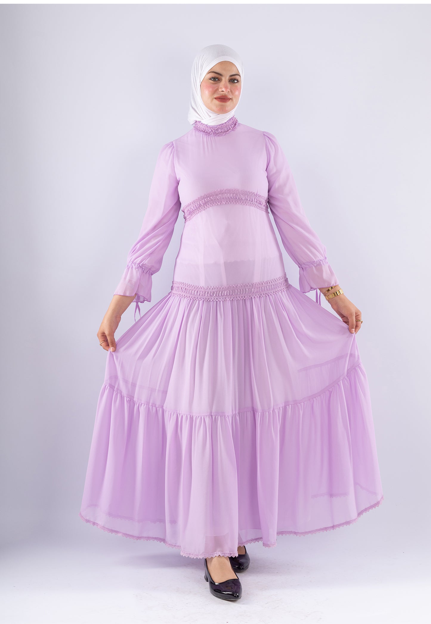 Flowing Mauve Maxi Dress with Lace Cuffs