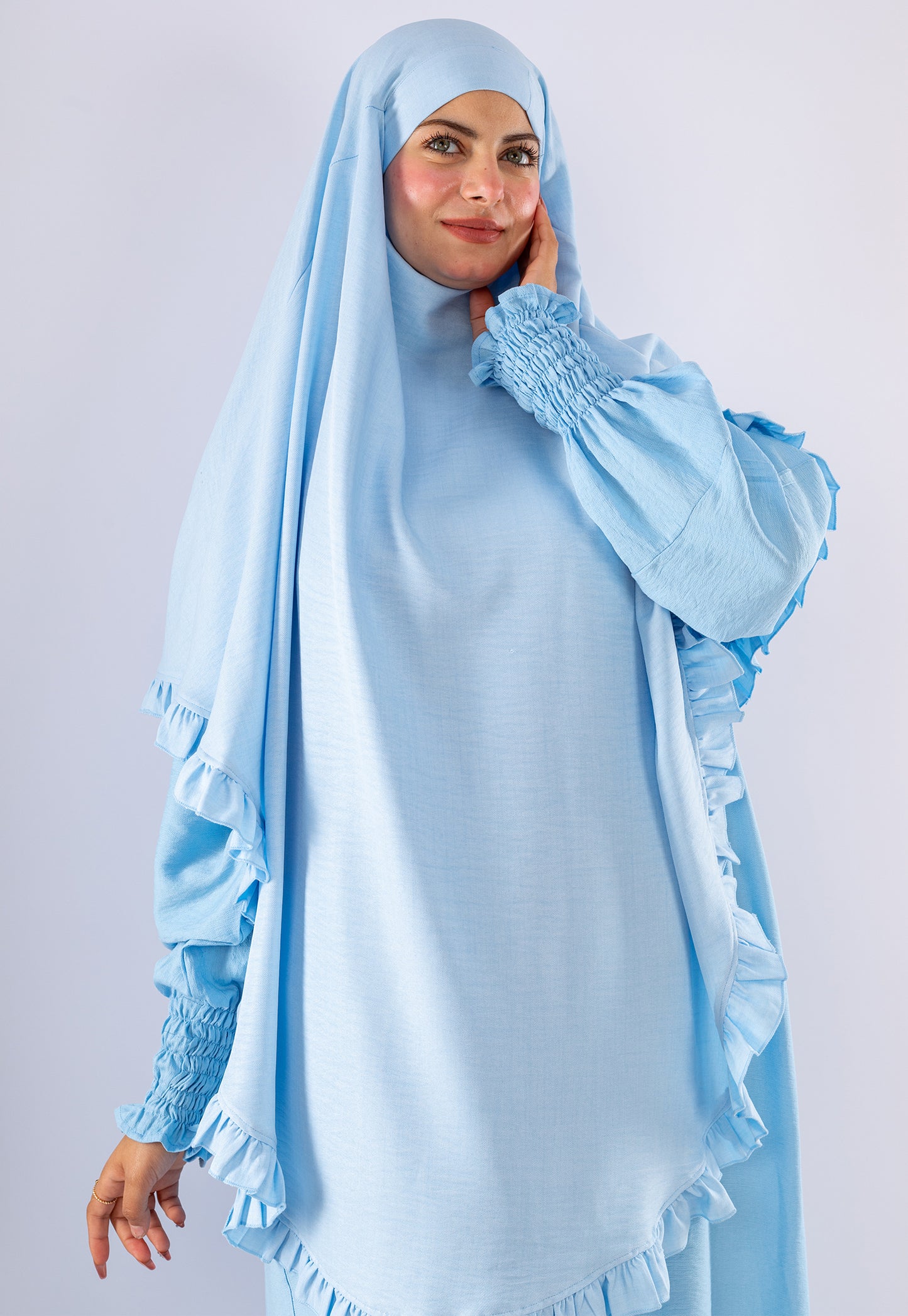 Elegant Light Blue Two-Piece Prayer Set with Ruffles