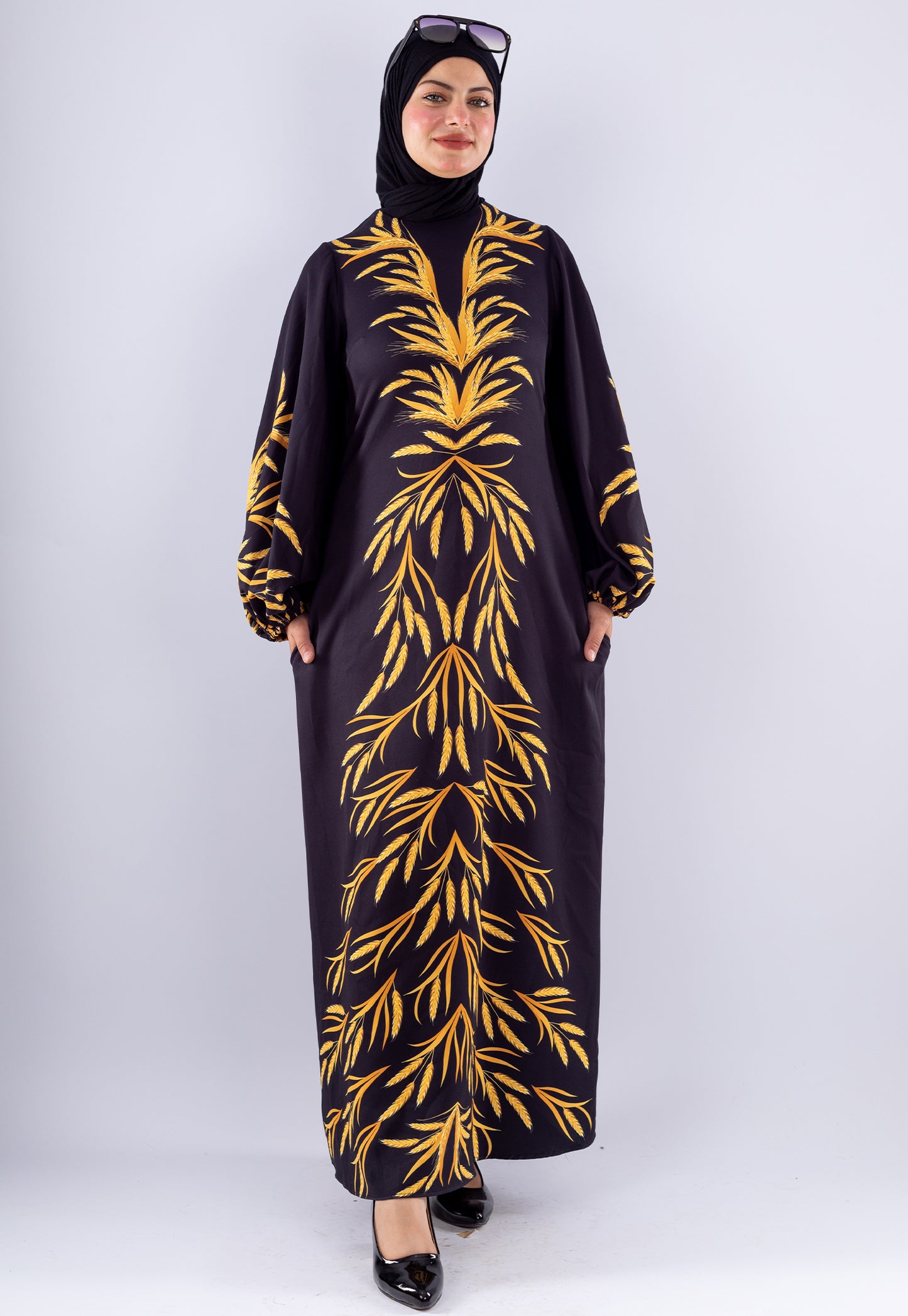 Amira Elegant Black Crepe Modesty Dress with Gold Leaf Detail