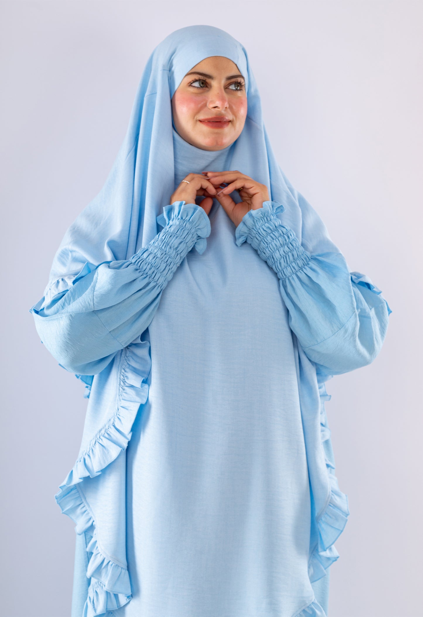 Elegant Light Blue Two-Piece Prayer Set with Ruffles
