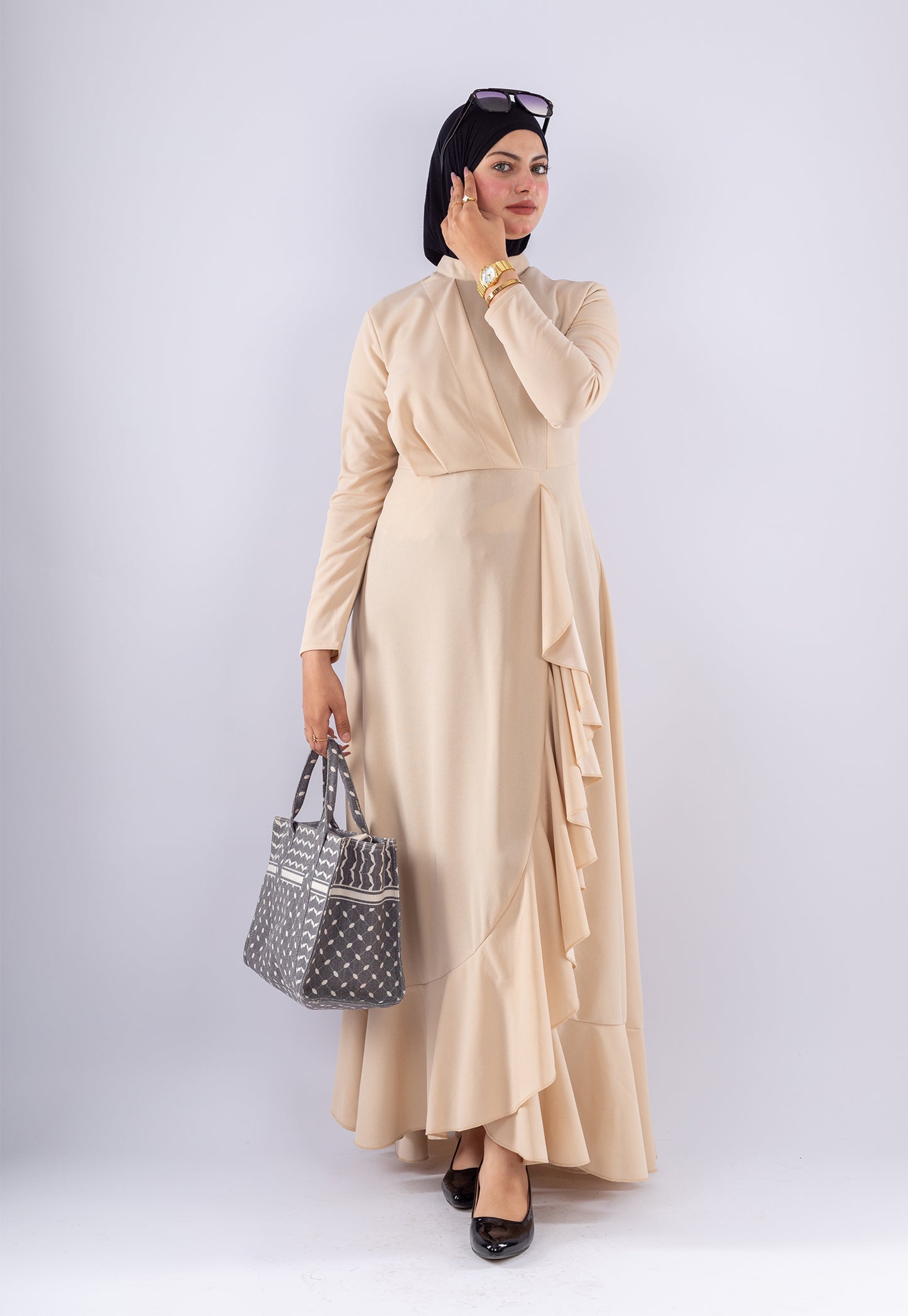 Baraa Beige Ruffle Maxi Dress