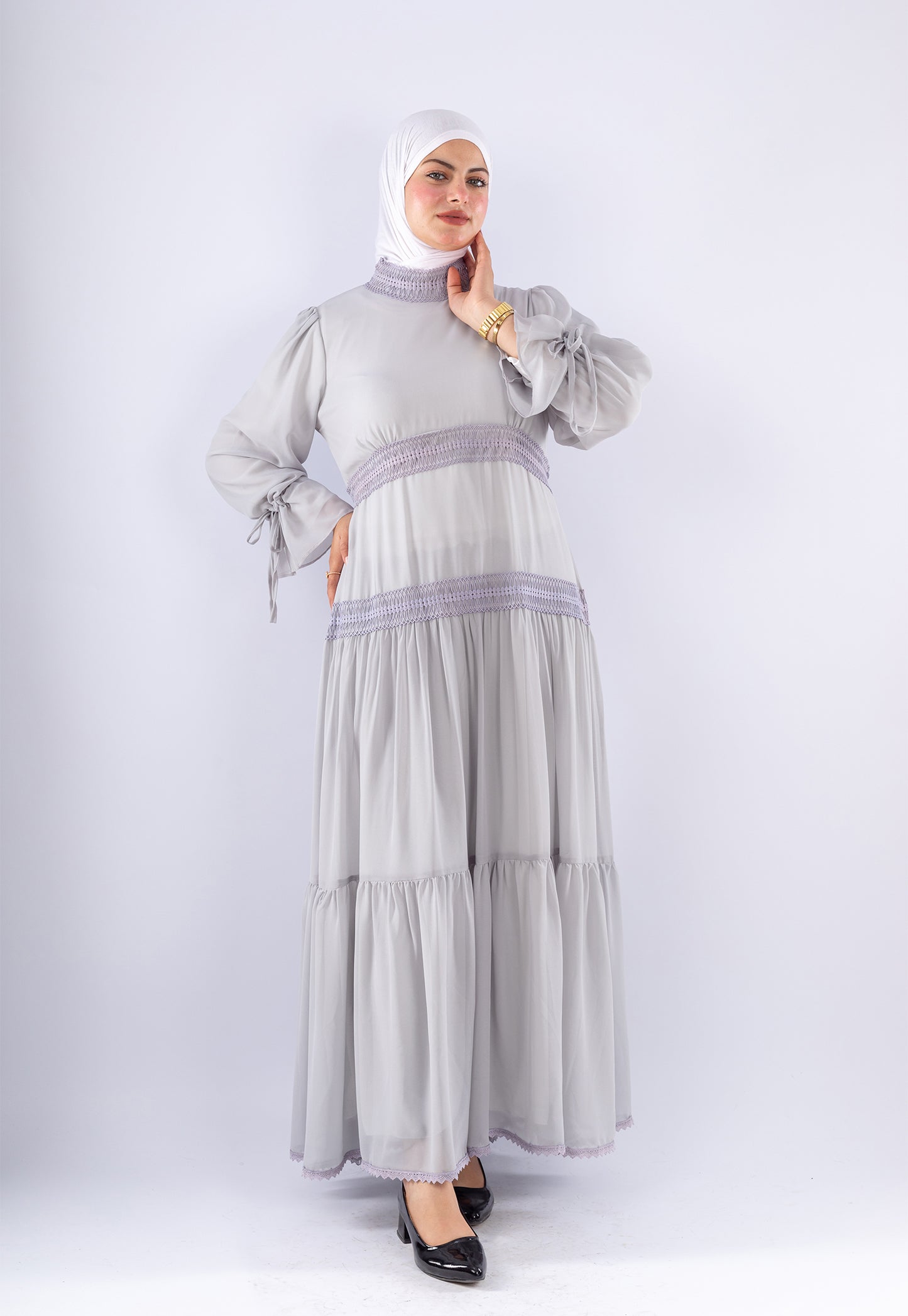 Jamila Gray Chiffon Maxi Dress with Lace Sleeves