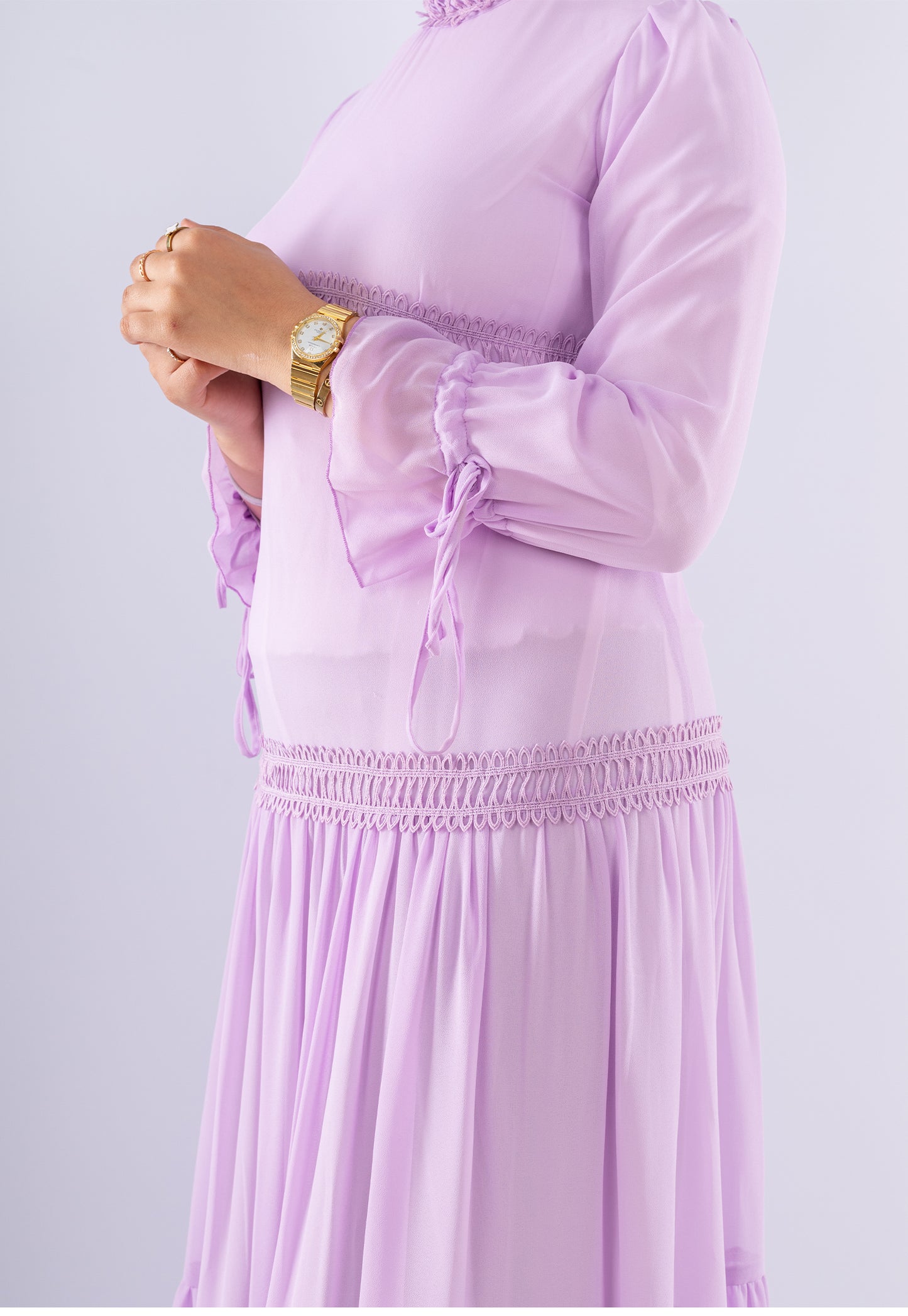 Flowing Mauve Maxi Dress with Lace Cuffs