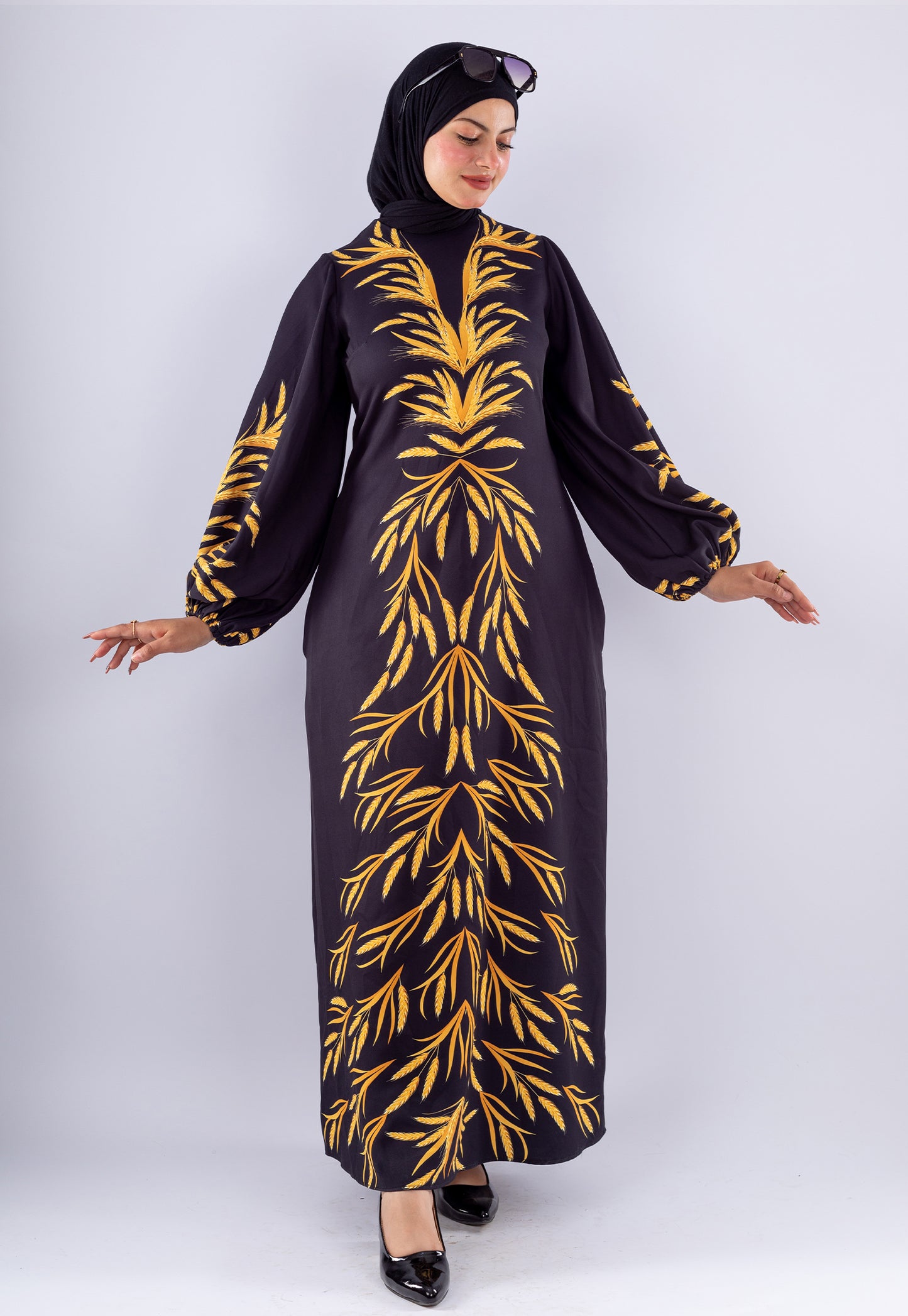 Amira Elegant Black Crepe Modesty Dress with Gold Leaf Detail