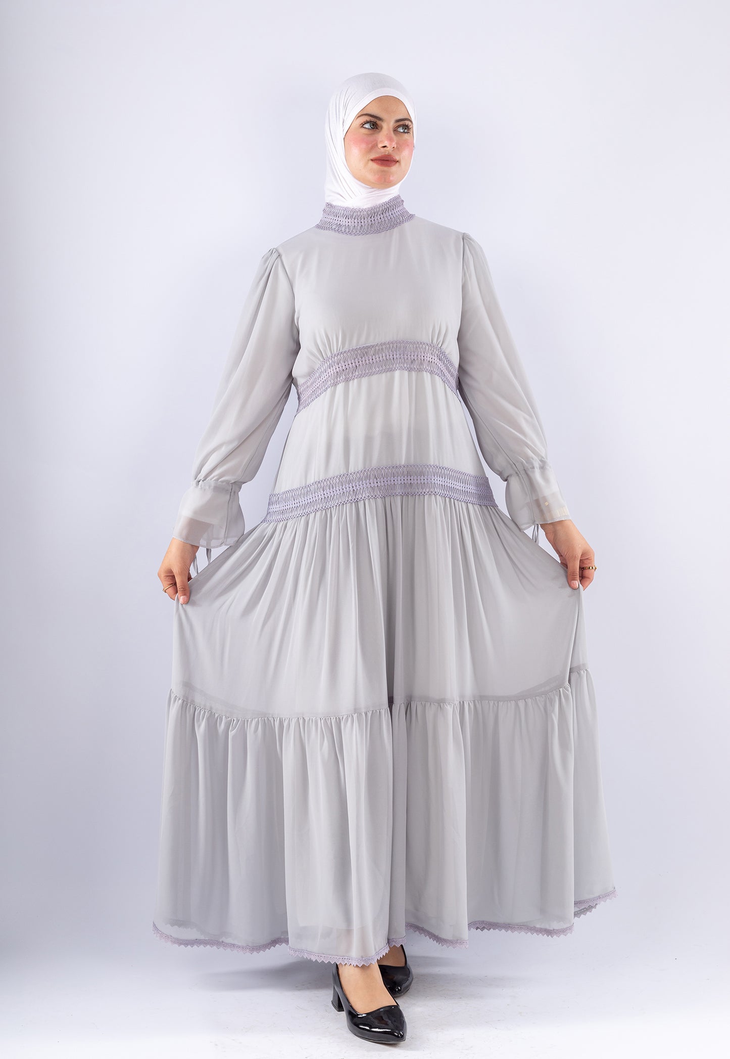 Jamila Gray Chiffon Maxi Dress with Lace Sleeves