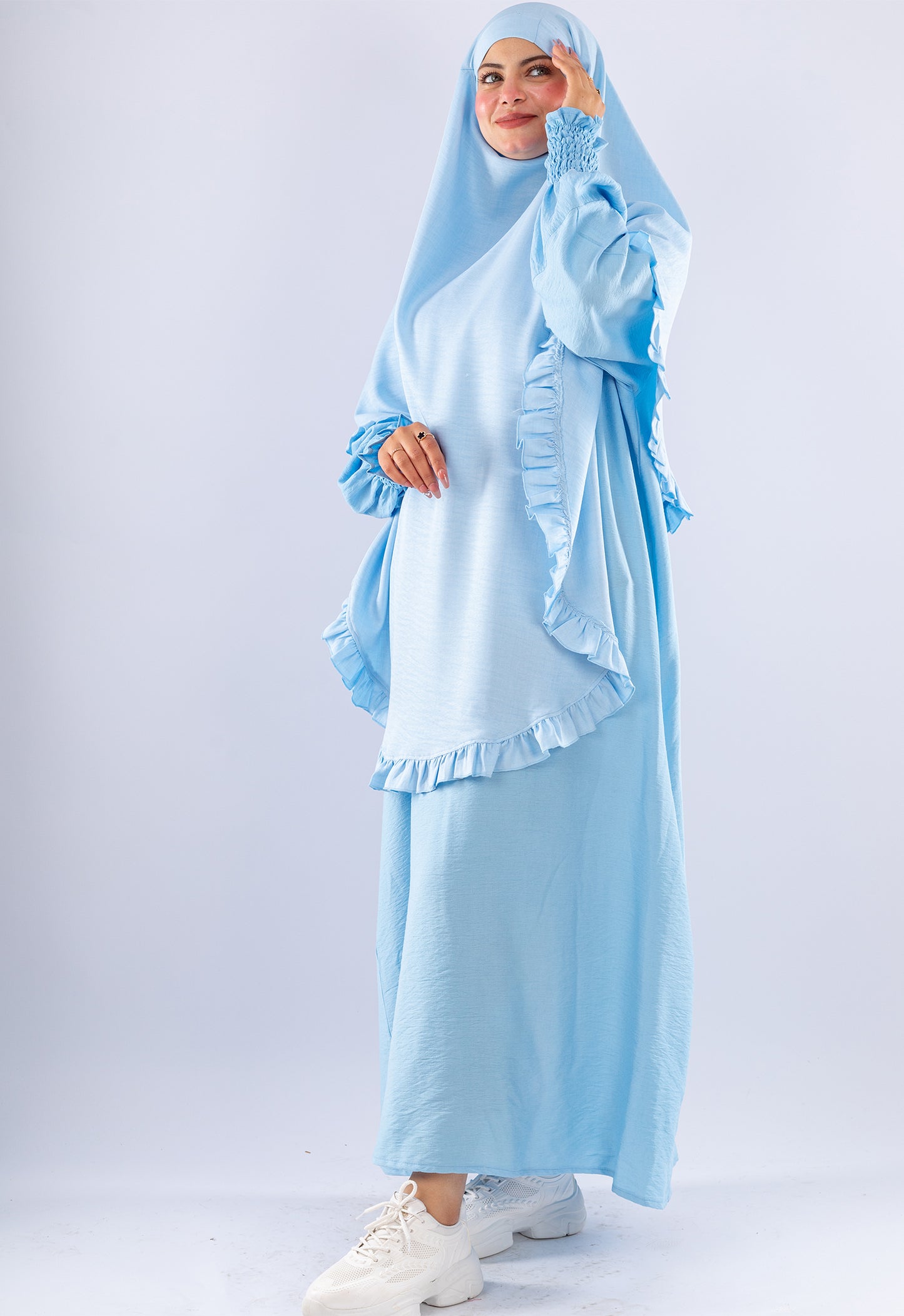 Elegant Light Blue Two-Piece Prayer Set with Ruffles