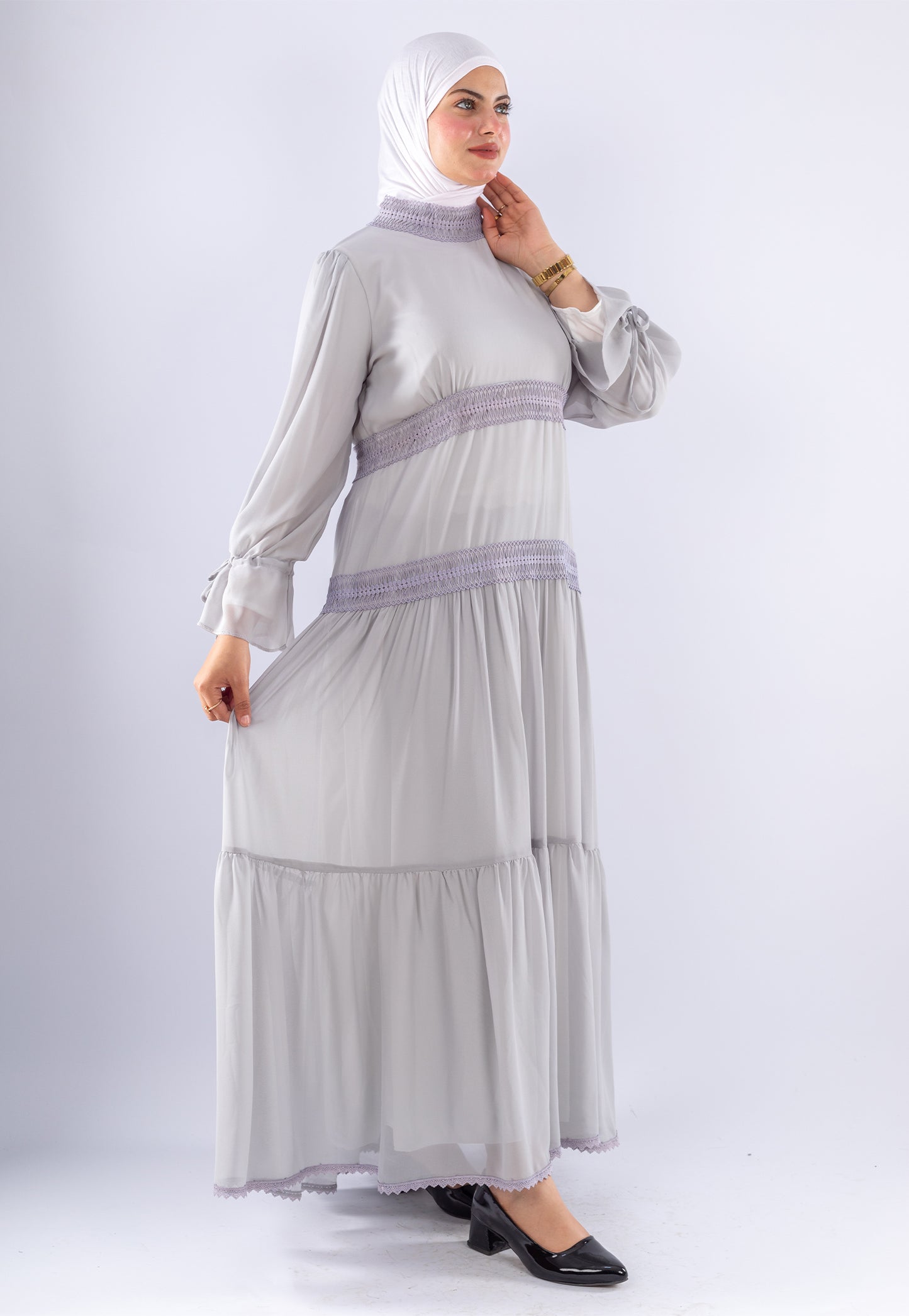 Jamila Gray Chiffon Maxi Dress with Lace Sleeves