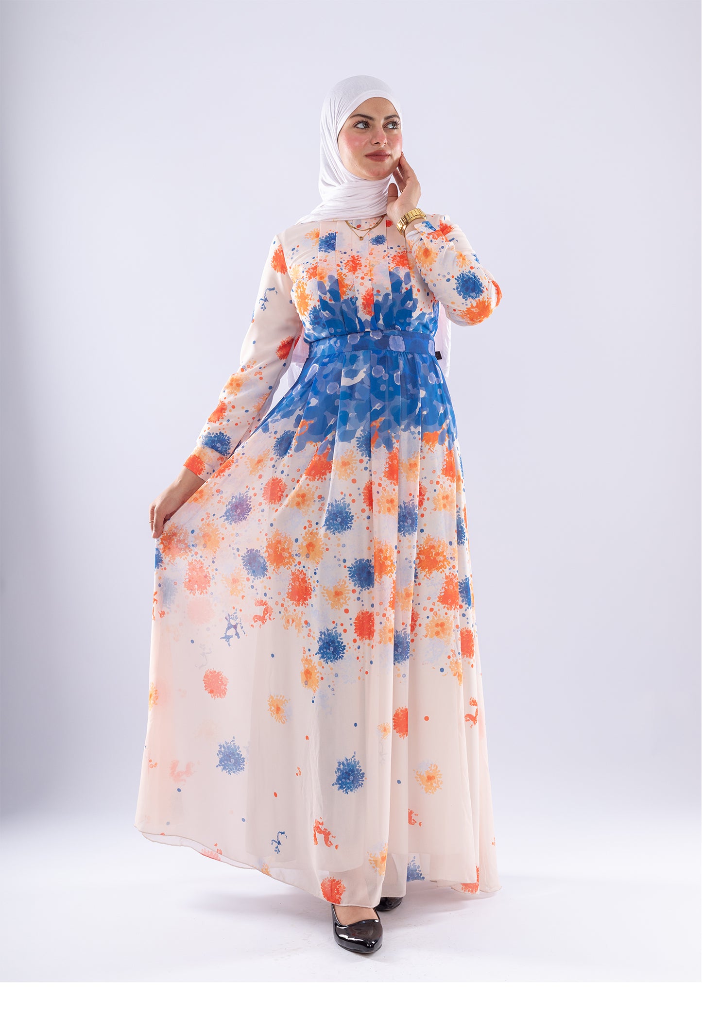 Farah Floral Print Maxi Dress with Blue Accents