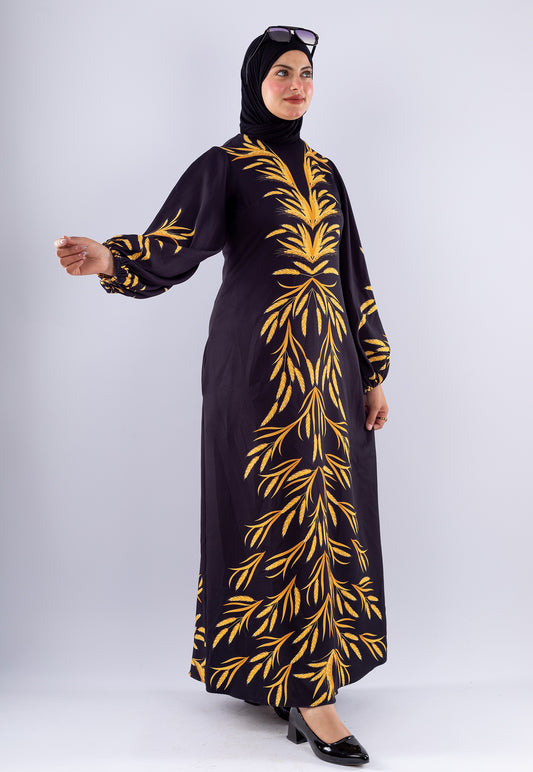 Amira Elegant Black Crepe Modesty Dress with Gold Leaf Detail