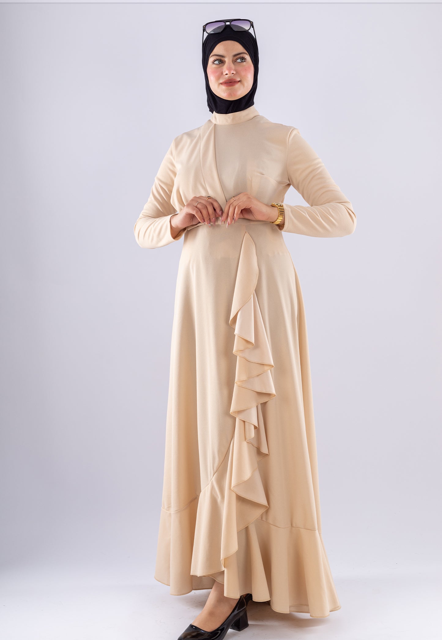 Baraa Beige Ruffle Maxi Dress