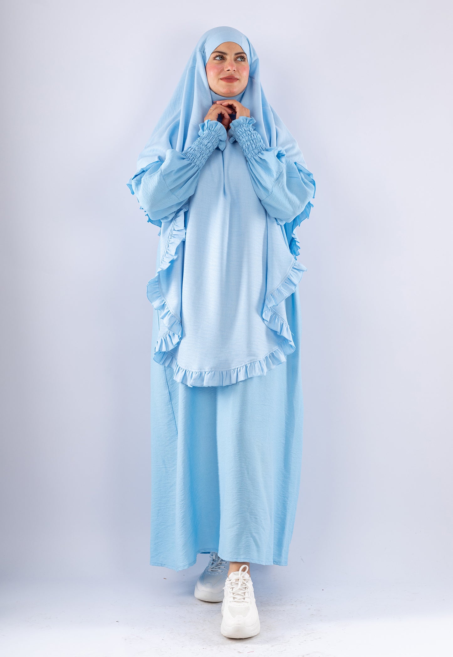 Elegant Light Blue Two-Piece Prayer Set with Ruffles