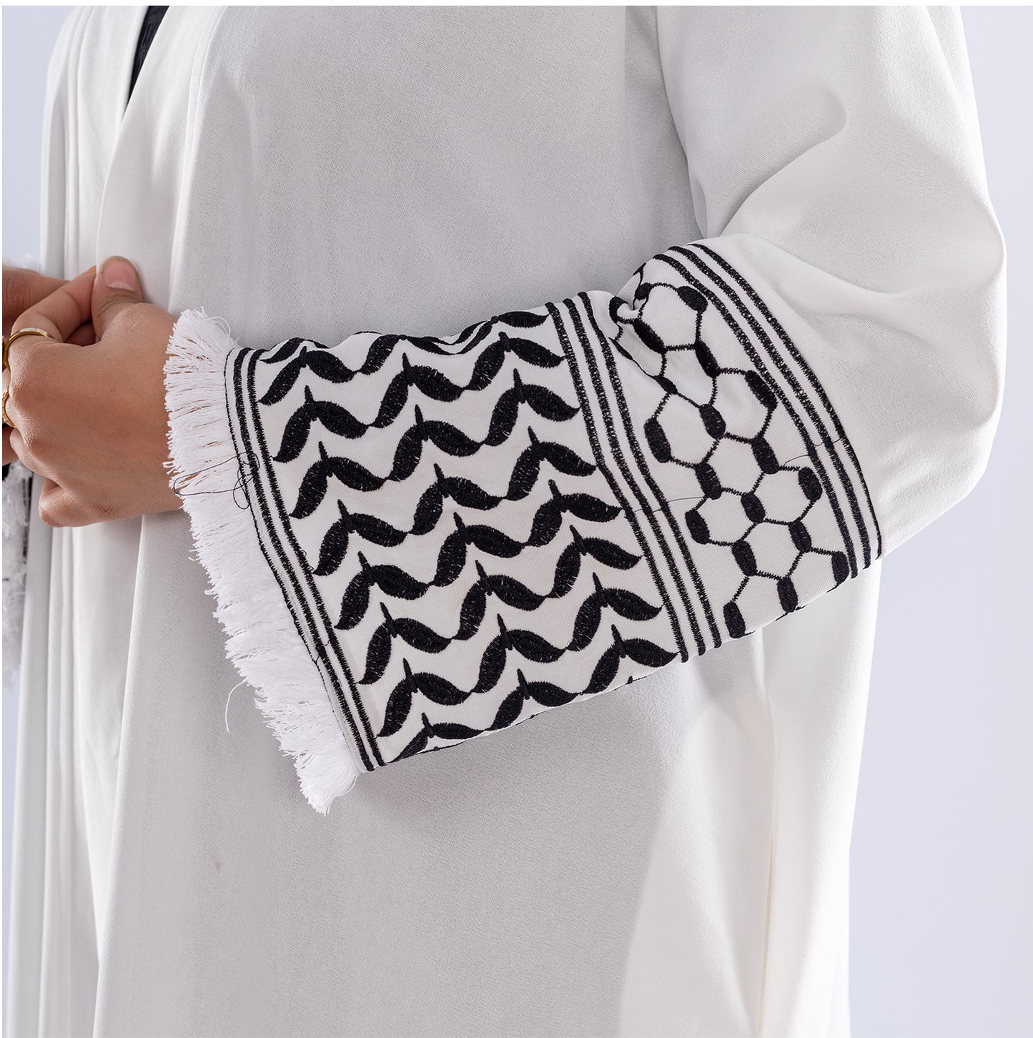 White Keffiyeh Inspired Abaya | Elegant Modest Wear