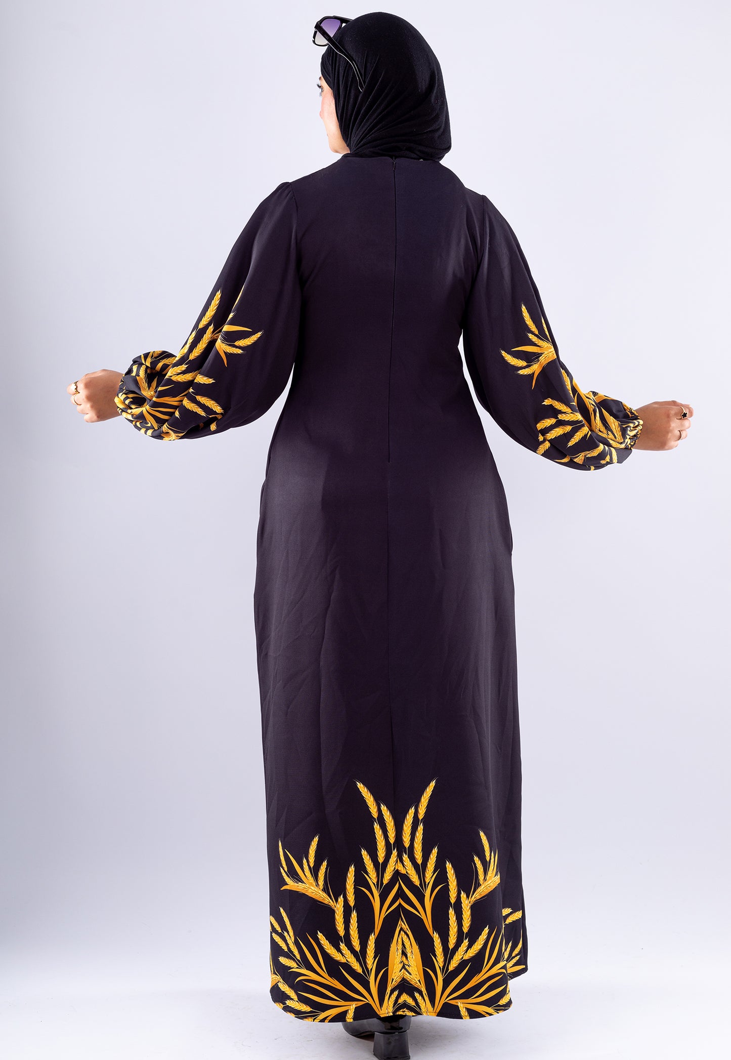 Amira Elegant Black Crepe Modesty Dress with Gold Leaf Detail
