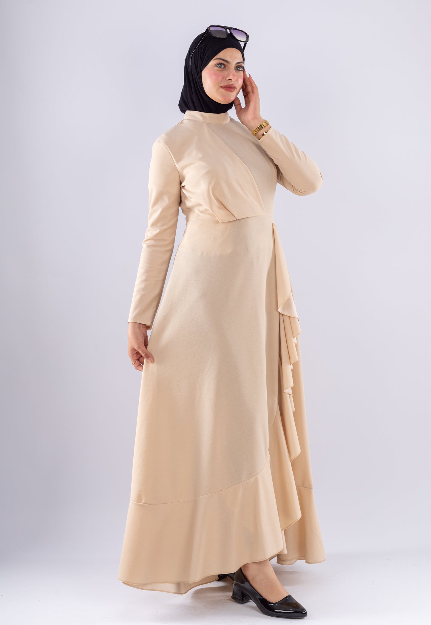 Baraa Beige Ruffle Maxi Dress