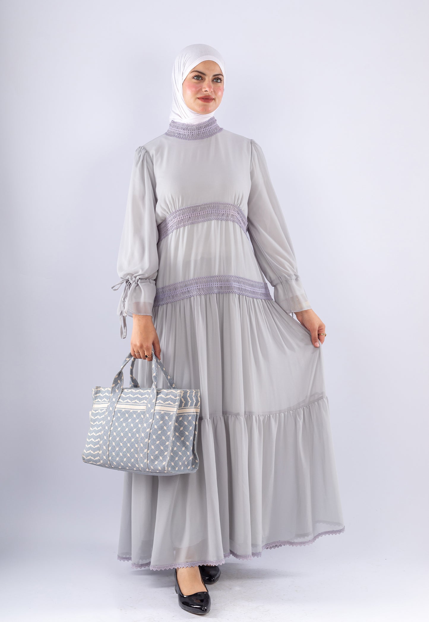 Jamila Gray Chiffon Maxi Dress with Lace Sleeves