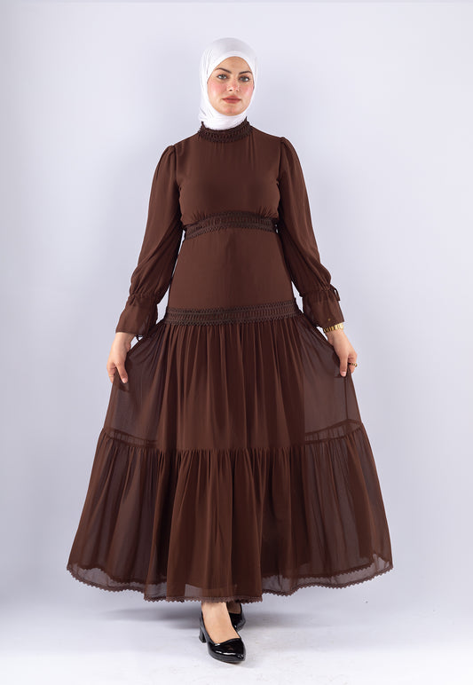 Maysa Brown Chiffon Maxi Dress with Lace Sleeves