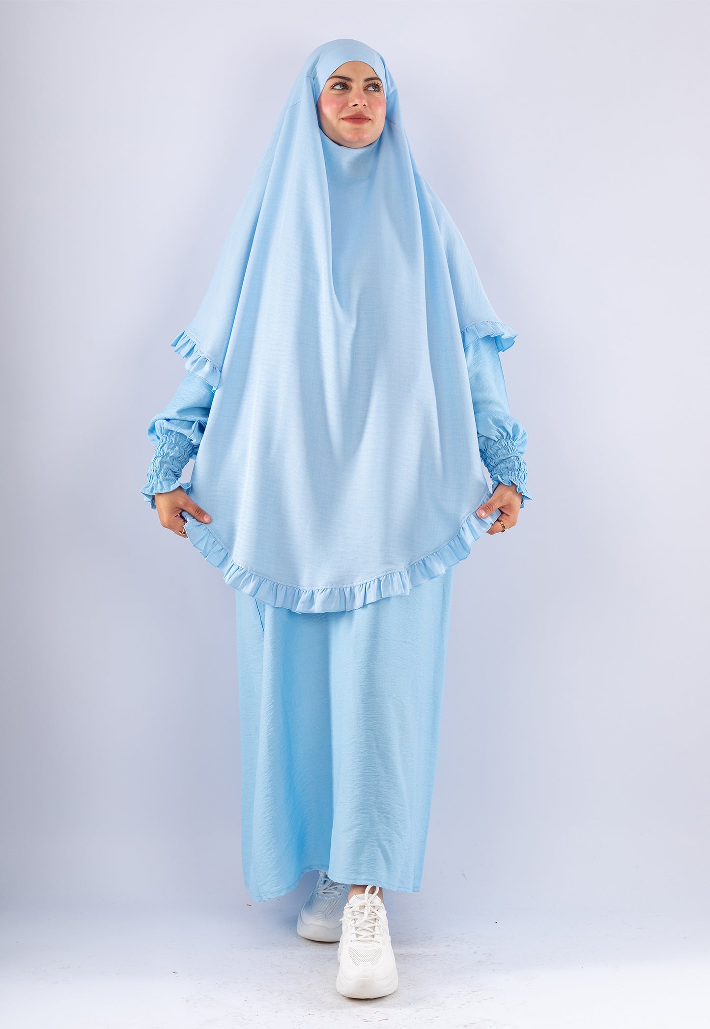 Elegant Light Blue Two-Piece Prayer Set with Ruffles