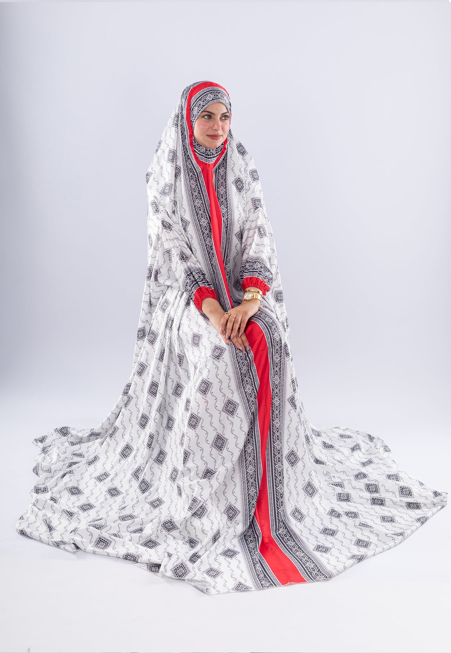 Elegant Black & White Print Satin Prayer Gown | Red Inner Layer