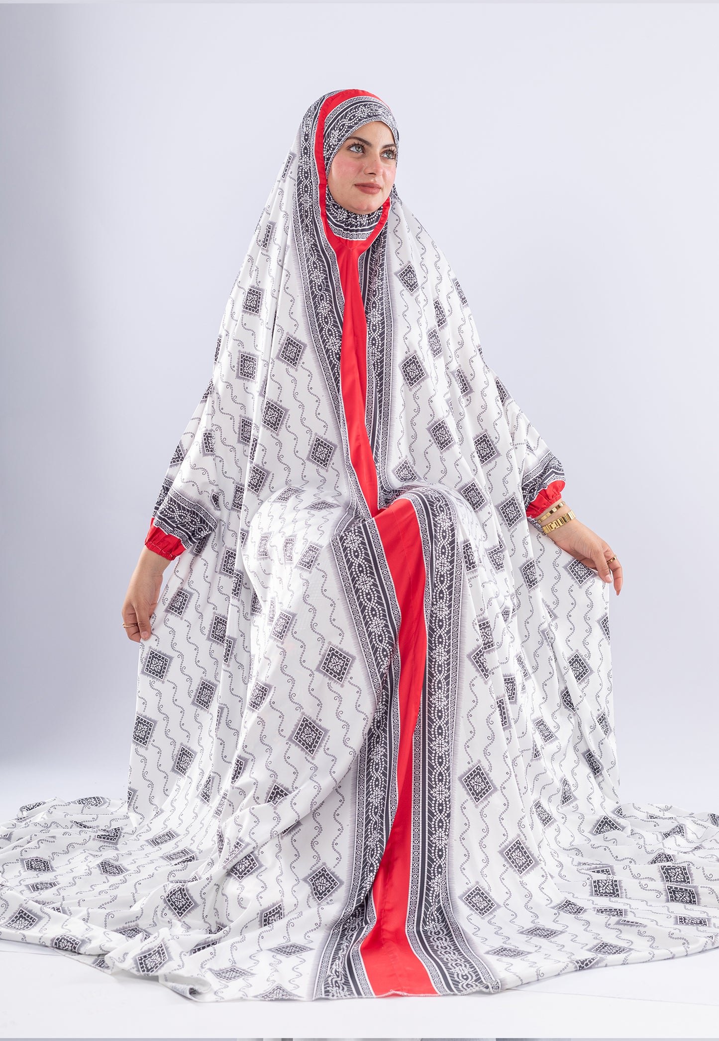 Elegant Black & White Print Satin Prayer Gown | Red Inner Layer