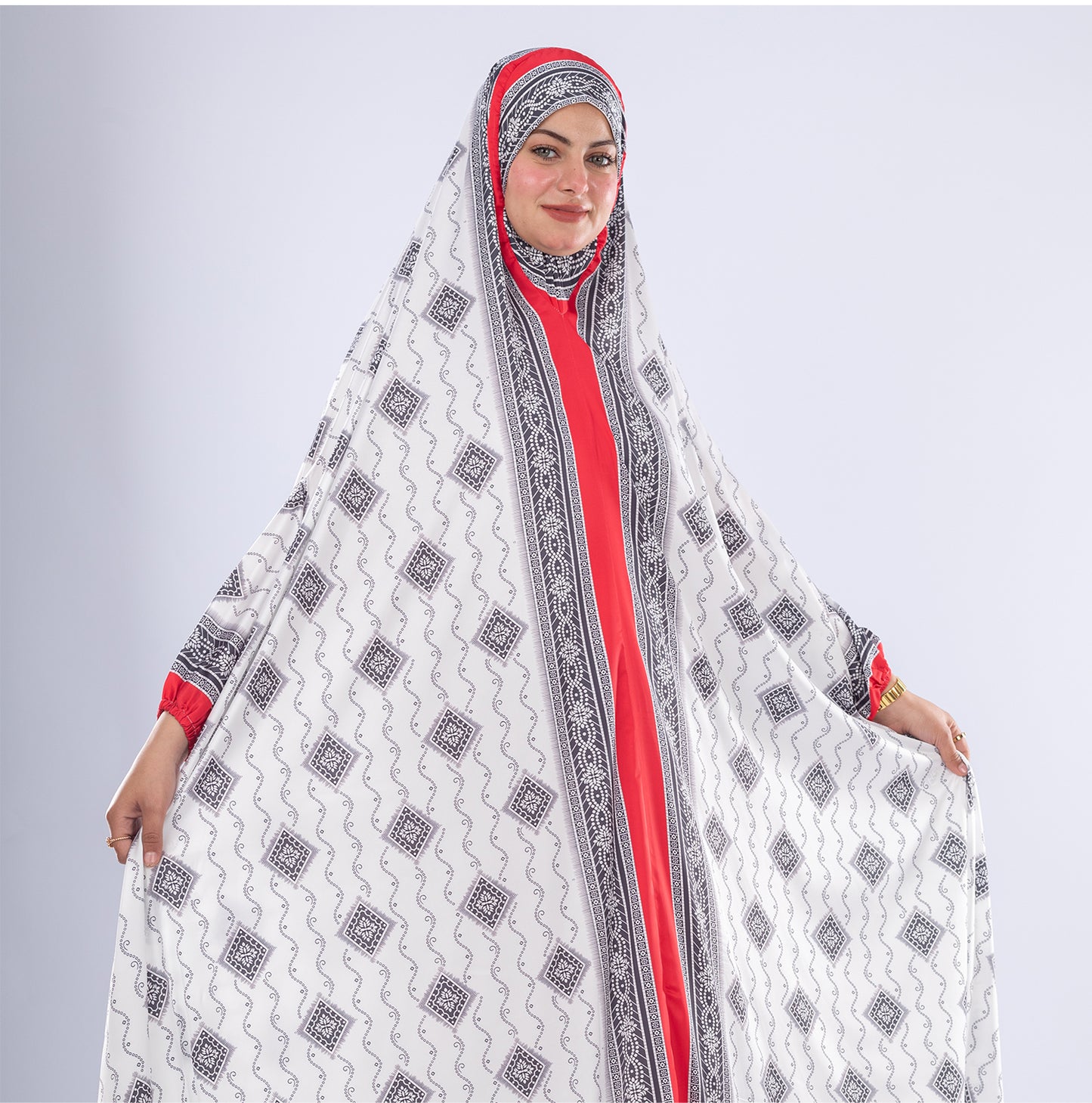 Elegant Black & White Print Satin Prayer Gown | Red Inner Layer