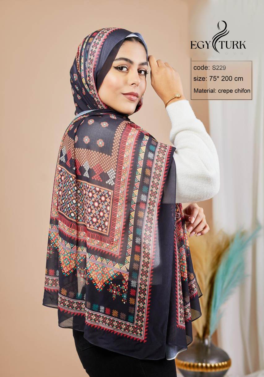 Islamic-Inspired Embroidered Print Chiffon Hijab