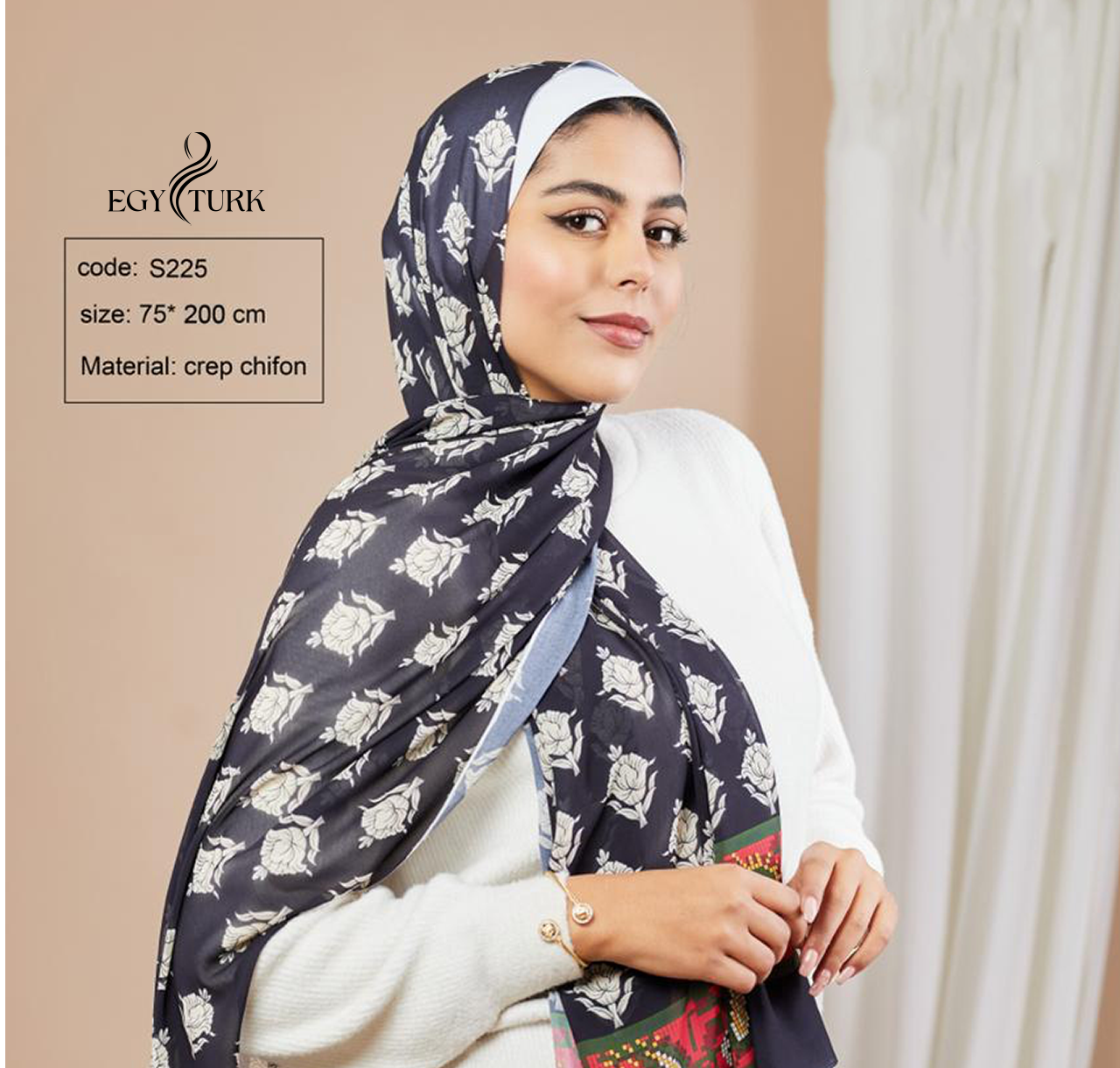 Egy Turk Floral Elegance Crepe Chiffon Hijab – Timeless Beauty