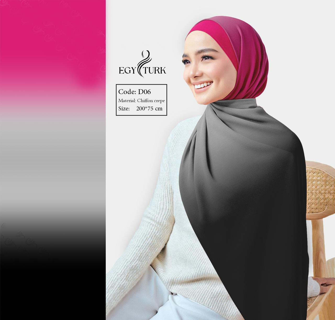 Bold & Chic: Black to Grey Gradient Chiffon Hijab with a Pop of Pink