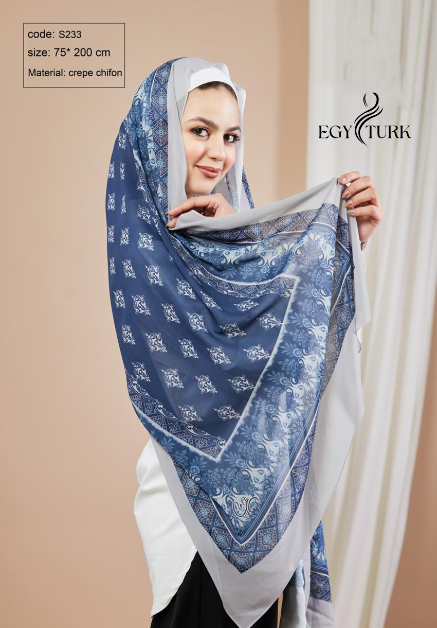 Egy Turk Blue & Grey Crepe Chiffon Scarf