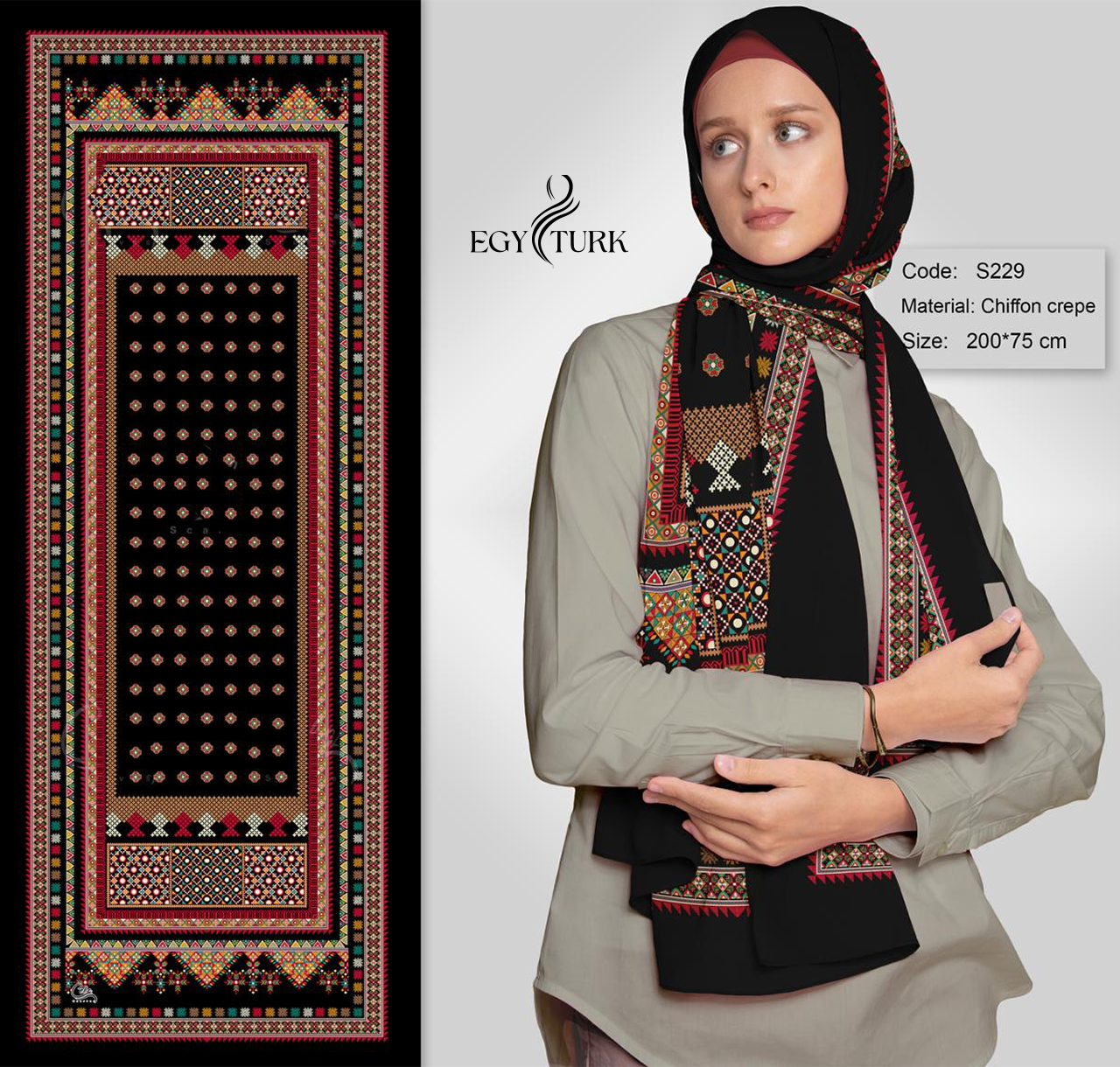 Islamic-Inspired Embroidered Print Chiffon Hijab