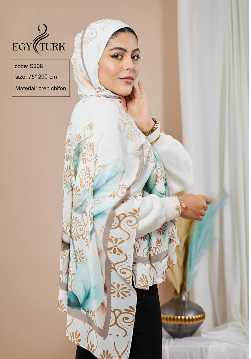 Beautiful Elegance: Egy Turk Gold Floral Chiffon Hijab