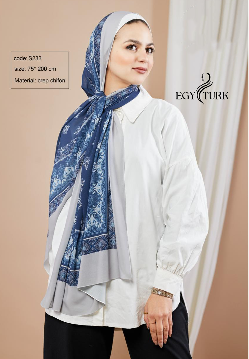 Egy Turk Blue & Grey Crepe Chiffon Scarf
