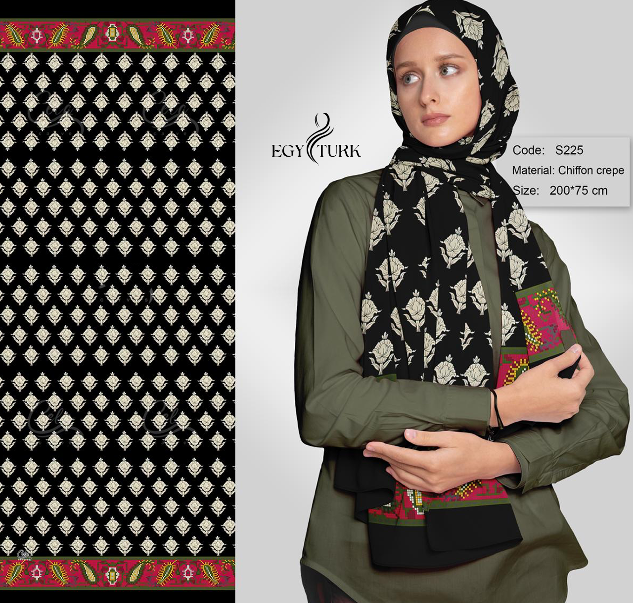 Egy Turk Floral Elegance Crepe Chiffon Hijab – Timeless Beauty