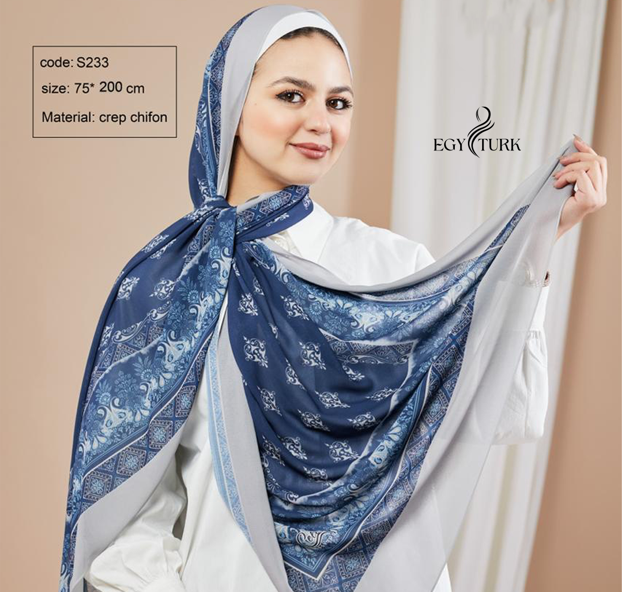 Egy Turk Blue & Grey Crepe Chiffon Scarf