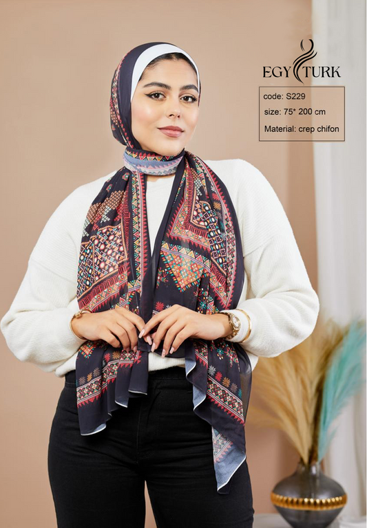 Islamic-Inspired Embroidered Print Chiffon Hijab