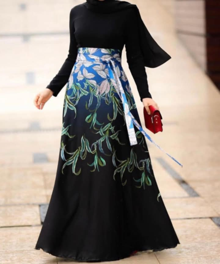 Egy Turk Warda Modest Dress – Elegant Black Satin with Chic Print & Detachable Belt