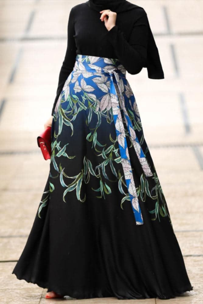 Egy Turk Warda Modest Dress – Elegant Black Satin with Chic Print & Detachable Belt