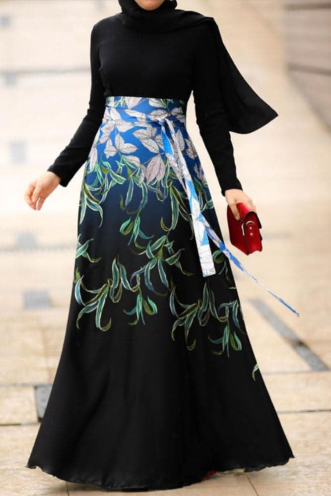 Egy Turk Warda Modest Dress – Elegant Black Satin with Chic Print & Detachable Belt