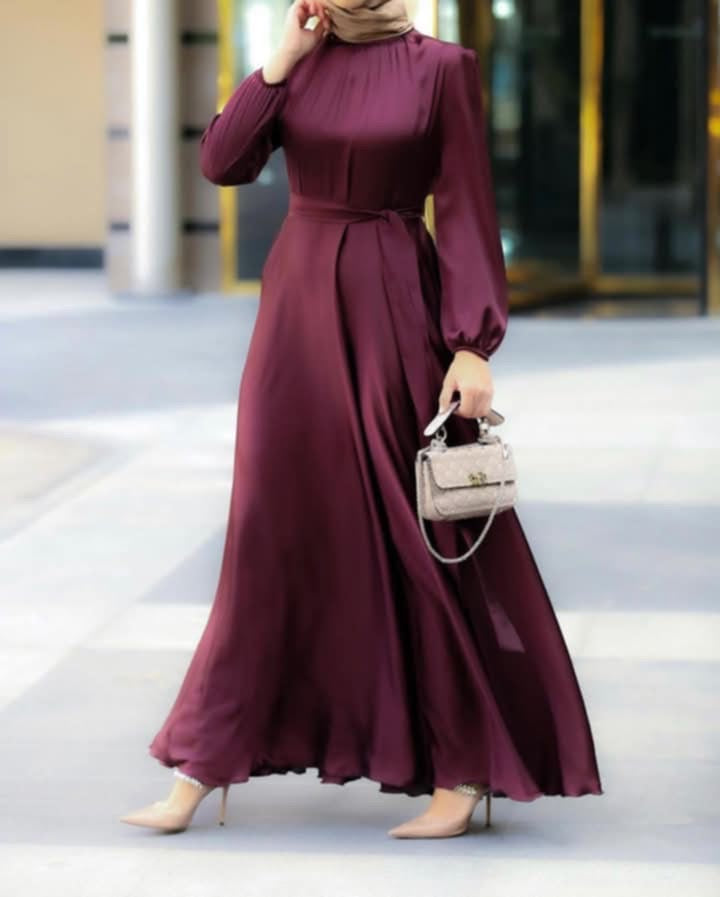 Sireen Elegant Satin Maxi Dress in Deep Purple