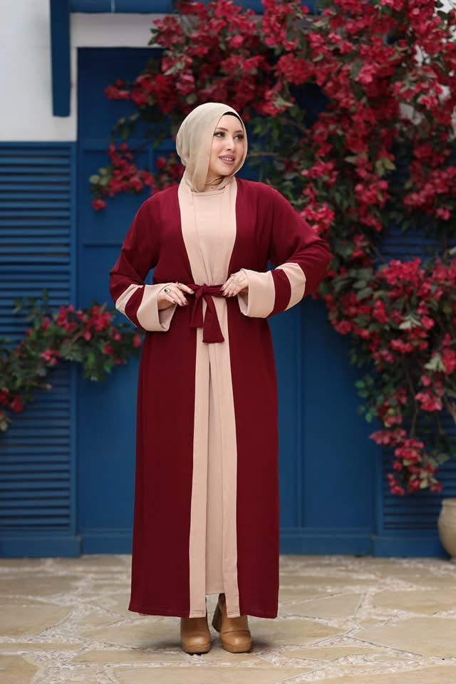 Chic Burgundy & Beige Contrast Abaya with Belted Waist