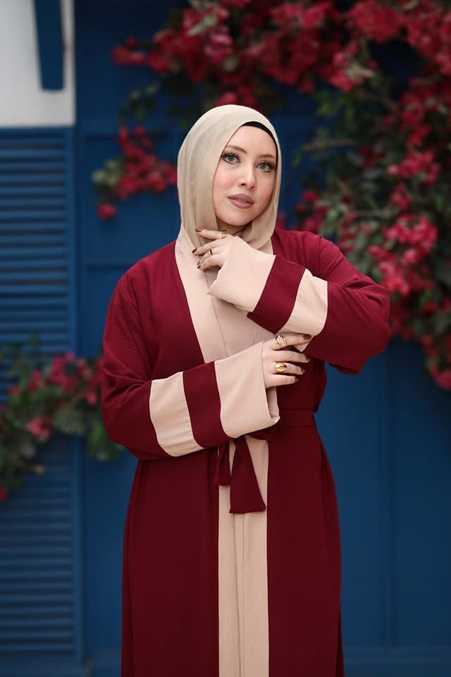 Chic Burgundy & Beige Contrast Abaya with Belted Waist