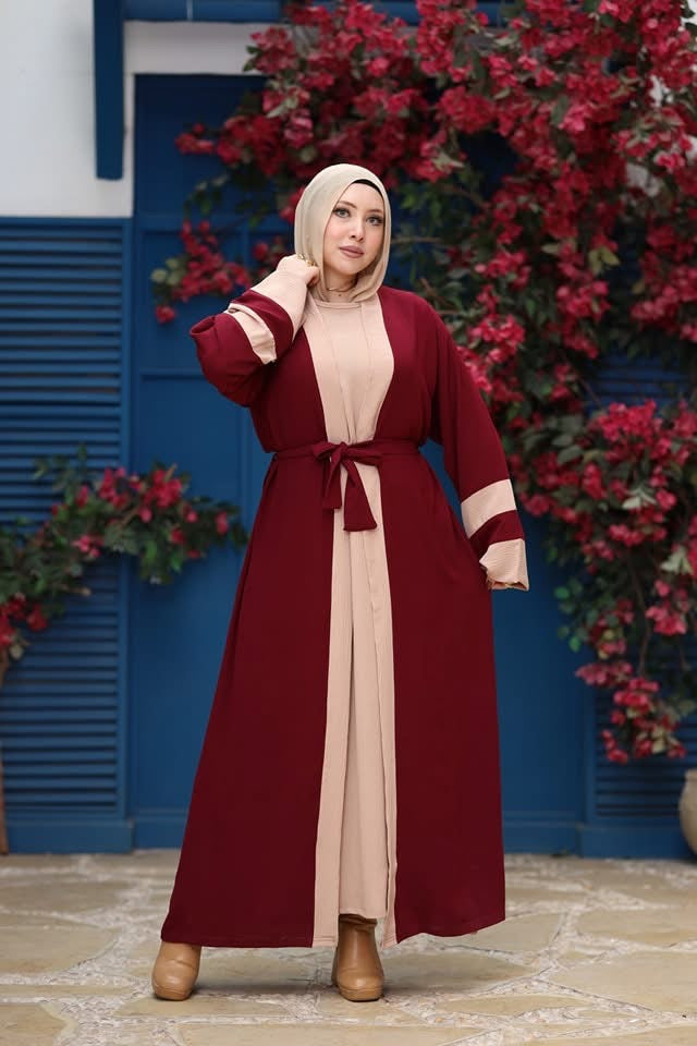 Chic Burgundy & Beige Contrast Abaya with Belted Waist