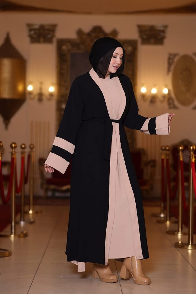 Black and Beige open abaya